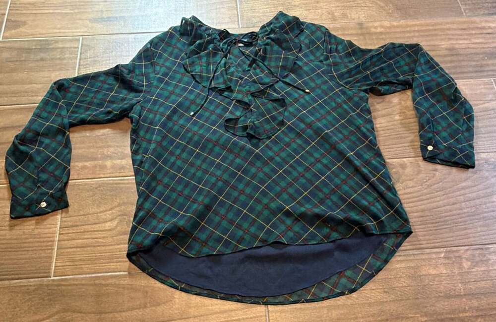 Tommy Hilfiger Plaid Ruffle-Trim Georgette Blouse Size XL Green Tartan
